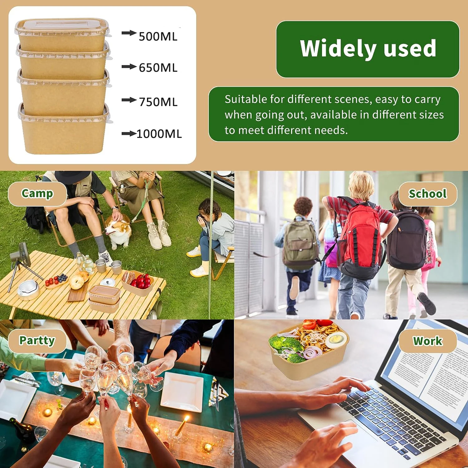 Customized food grade rectangle paper bowl disposable eco friendly compostable rectangular kraft paper bowls for restaurant