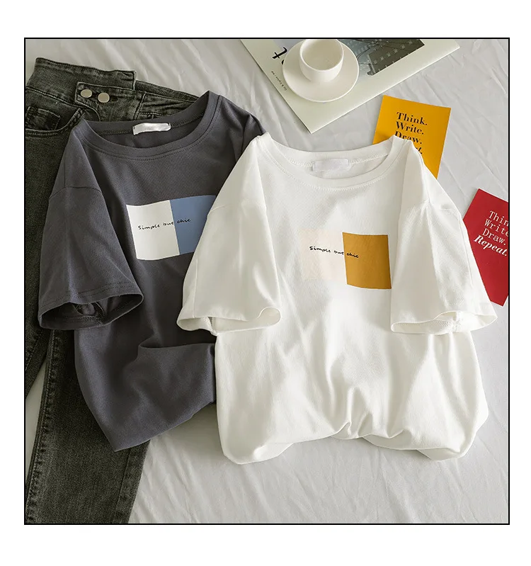 Wholesale 2021 Summer Casual graphic for women color letter printing lucky label and black white tops  cotton short Tshirt