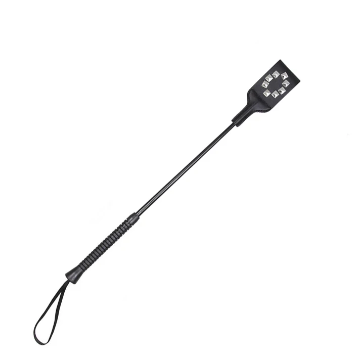 SM Fetish Black Metal Rivets Soft Plastic Long Handle Riding Crop Spanking Paddle