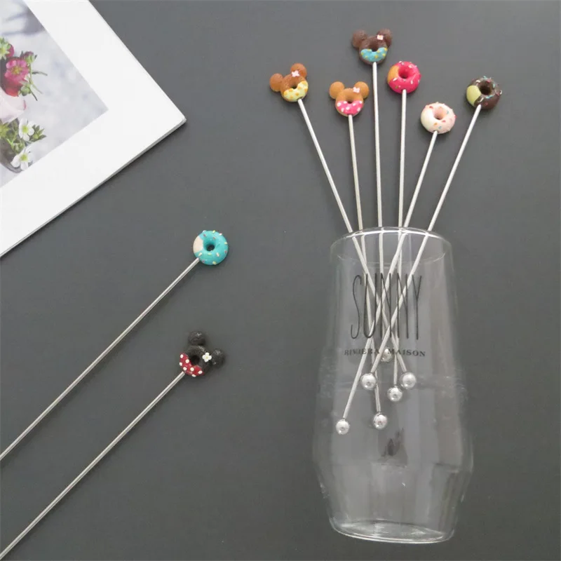 Donut Cocktail Stirrers Reusable Stainless Steel Metal Mixing Stick  tea coffee wine milk Cartoon Long Handle Stick