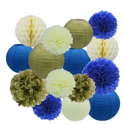 15PCS Blue Ivory Gold Paper Lanterns Pom Poms Honeycombs Party Decoration Set for Wedding Birthday Home Decor