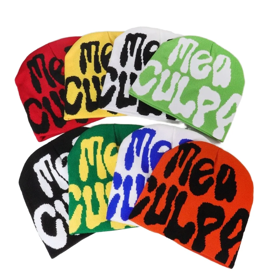 Manufacturer Mea Culpa Y2K Custom Graphic Letter Logo Jacquard Knit Beanie Hat