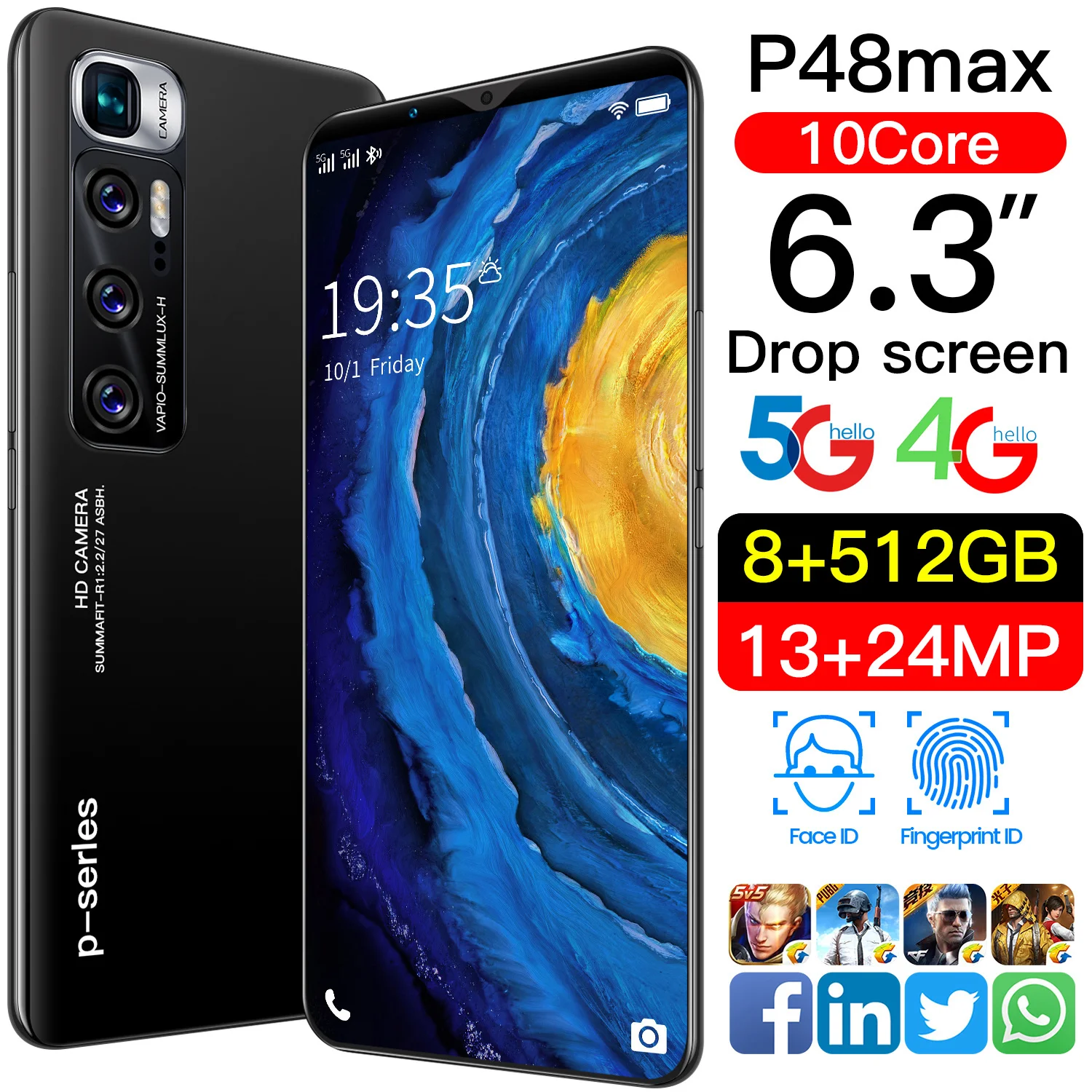 Глобальная версия Марка телефона P48 Max 10-ядерный 6 3» «полный комплект экрана падения 8 + 512 Гб 13MP 24MP уход за кожей лица и отпечатков пальцев разблокированная Android10.0 4800