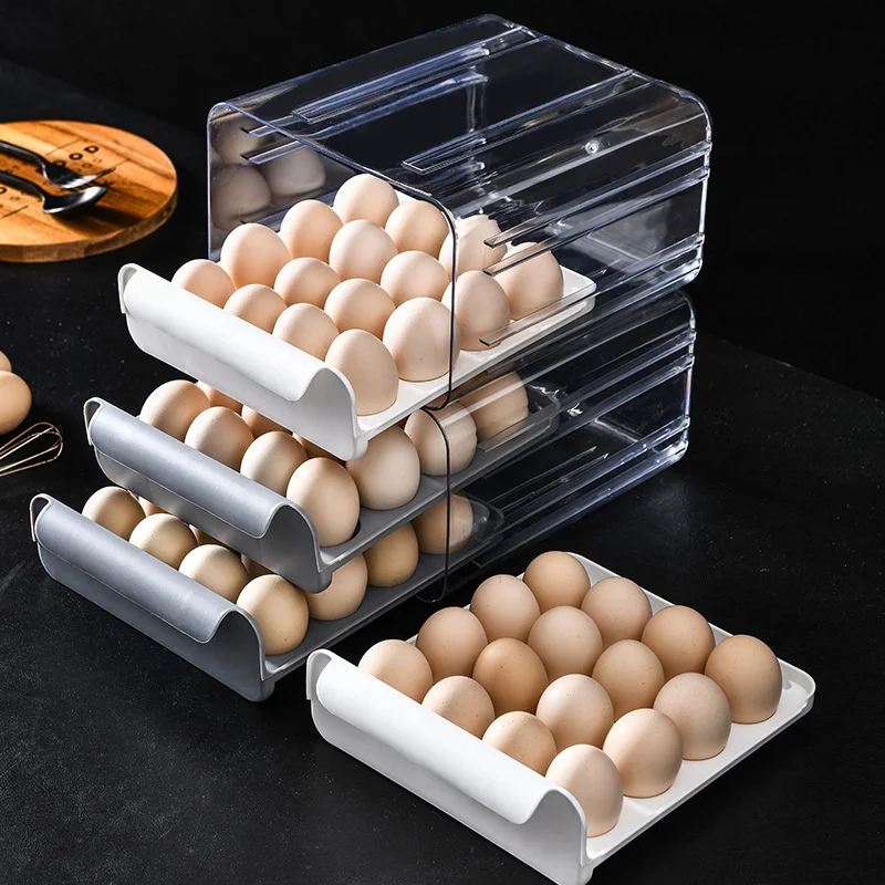 House Kitchen Fridge Organizer Drawer Egg Plastic Storage Box 32 Grid 2-Layer Egg Container Trays