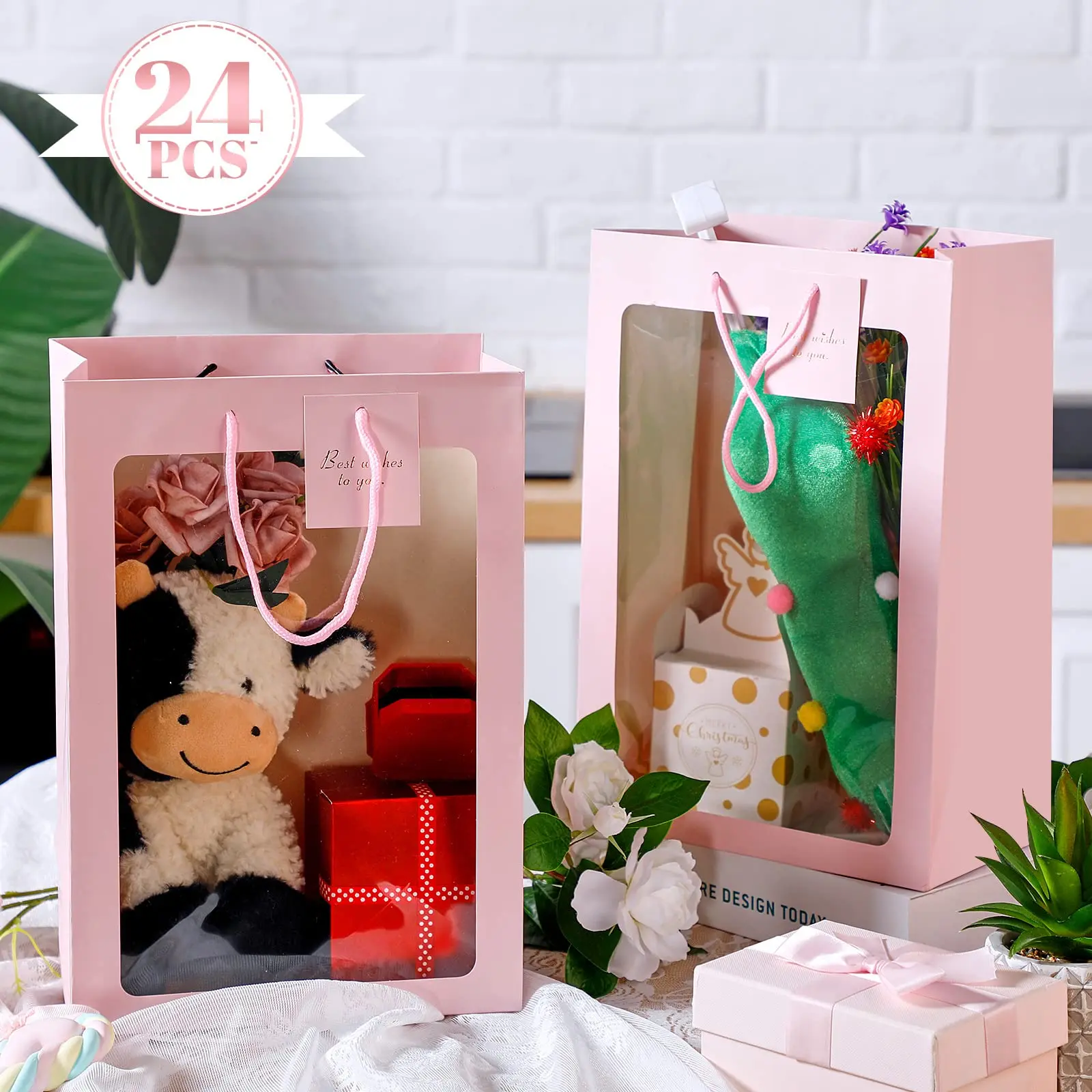 Custom Logo Printed Packaging Biodegradable Small Flower Chocolate Gift Kraft Paper Bag with Clear Window