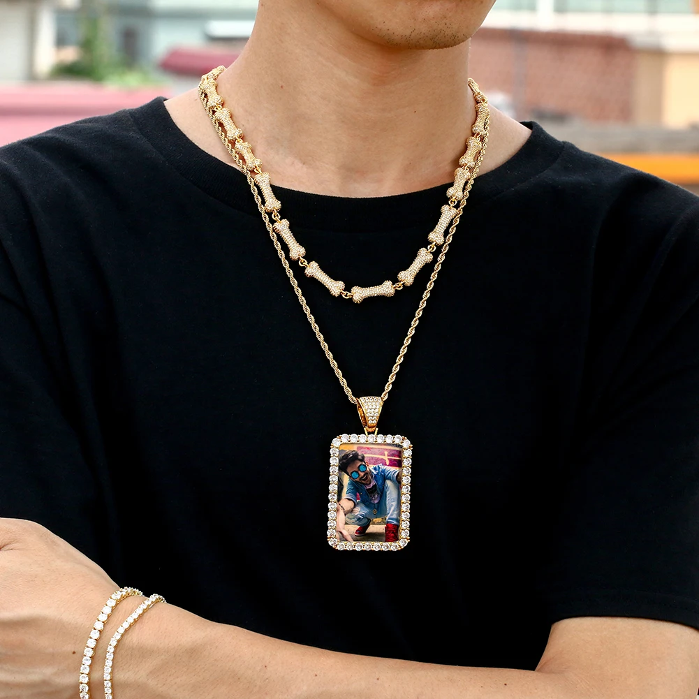 Wholesale Picture Necklace 45mm Gold Plated Brass AAAAA CZ Diamond Iced Out Rectangle Custom Photo Pendant Memory Jewelry