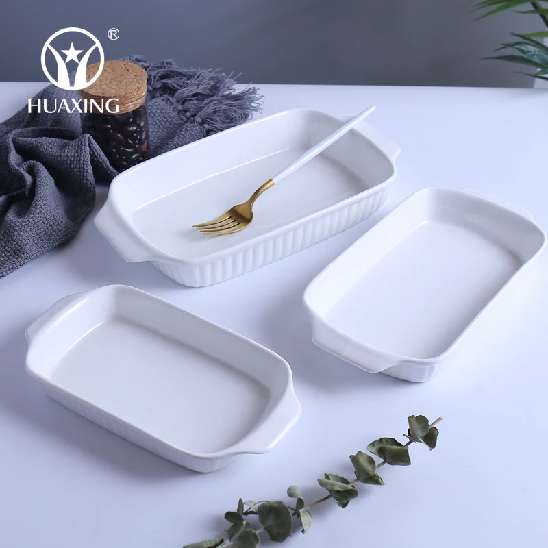 Wholesale custom logo catering rectangular baking tray white ceramic baking dishes pans with two handles