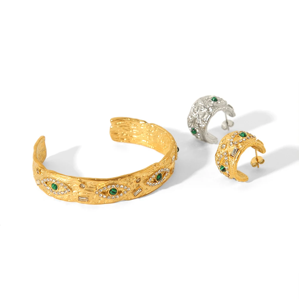Vintage Stainless Steel Eye Bangle Waterproof 18K Gold Plated Silver Malachite Stone Eye Earrings Jewelry Set for Men Women