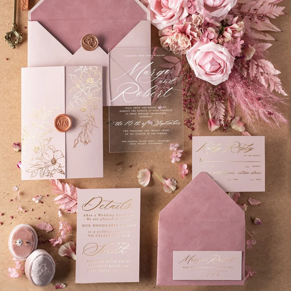 Quality Choice Pink Velvet Envelope Extravagant Wedding Invitations Vellum Floral Acrylic Design Wedding Invitation