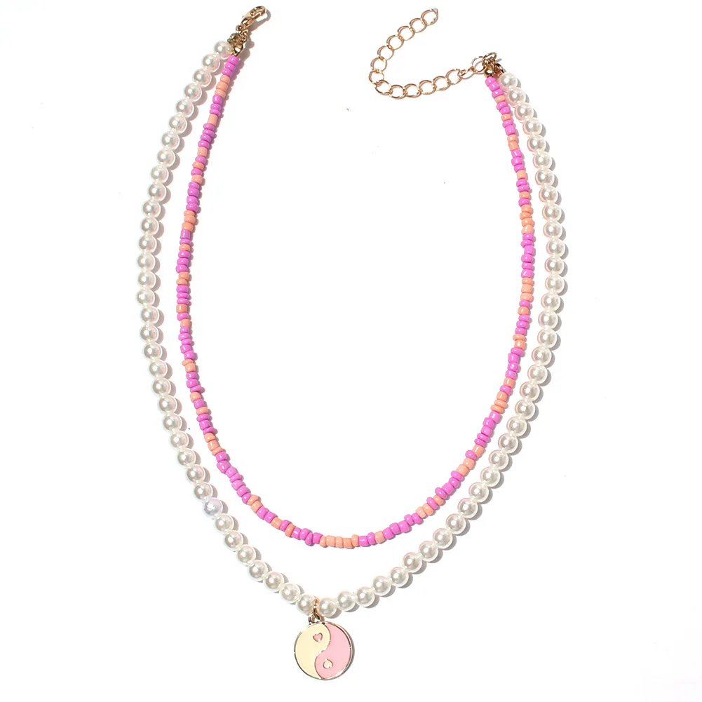 Vintage Tai Chi Yin Yang Pendant Multi layer Necklace Handmade Seed Beads with Imitation Pearl Necklace for Women