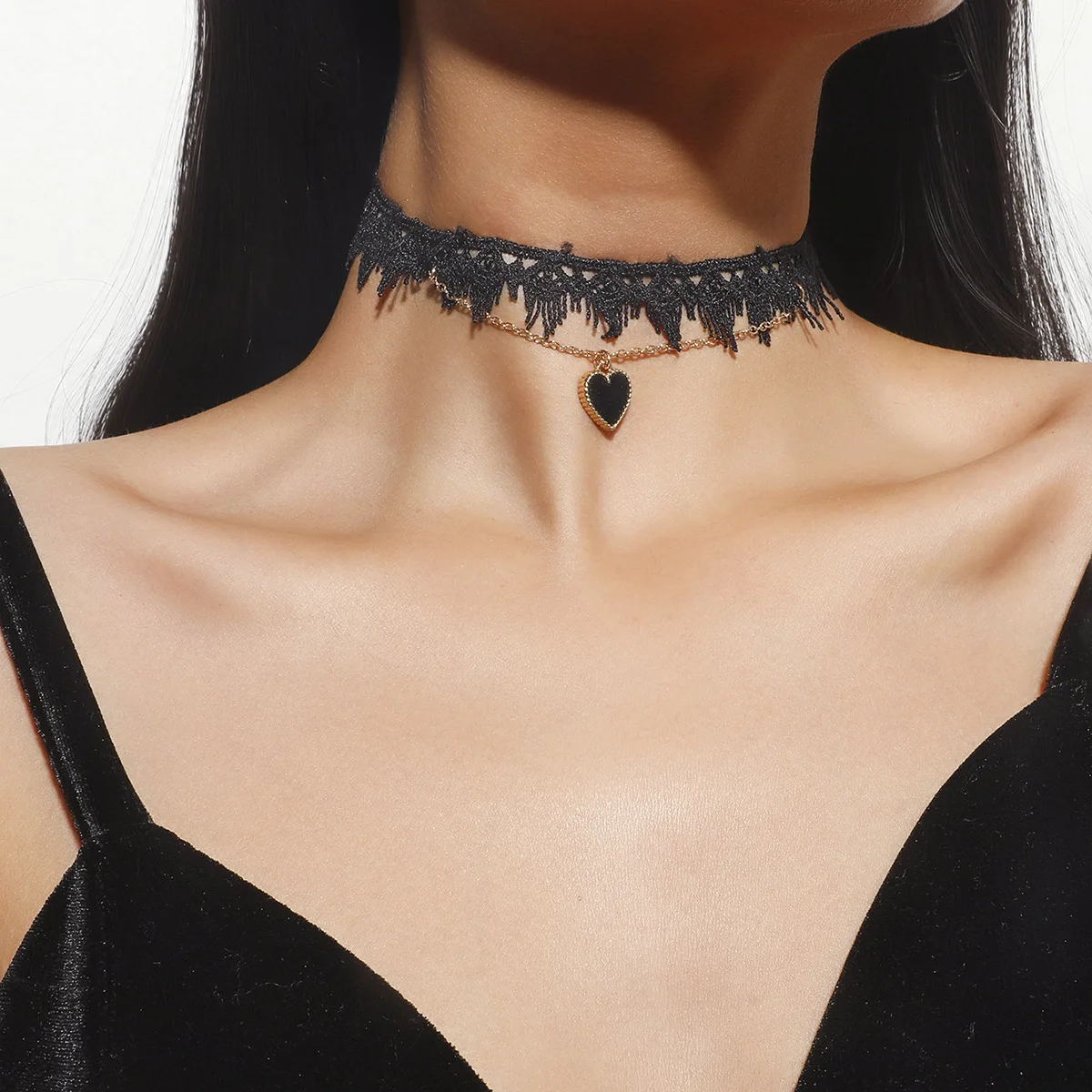 Punk Japanese Style Sexy Black Lace Gothic Double Heart Pendant Collarbone Chain Choker Necklace