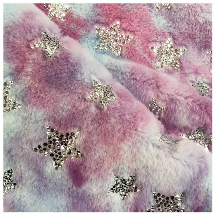 
100% polyester tie dyed faux fur fabric foil printed fake hair like bronzed plush rabbit fur gilded 