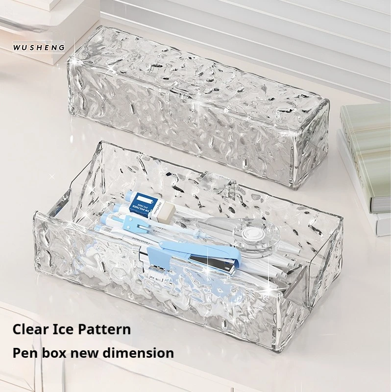 Ice Stationery Box Pen Case Large Capacity Multi-functional Pencil Case Transparent for Boys and Girls PC 20 Rectangle Ins-style