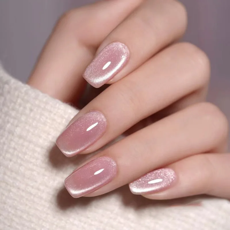 Reusable Cat Eye Designer Nails Luxury Custom Press On Nail Packaging Box Wholesale Medium Length Pink Press On Nails