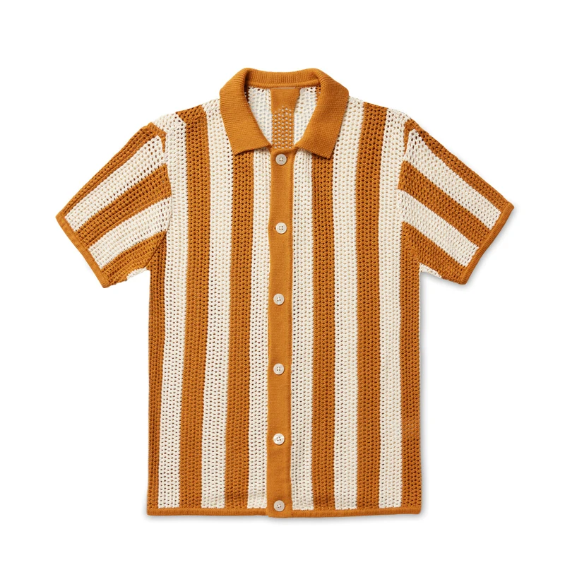 OEM Manufacturer Custom Striped Loose Mesh Jacquard Cutout Crochet Sweater Pullover Short Sleeve  Knit Crochet Shirt Men