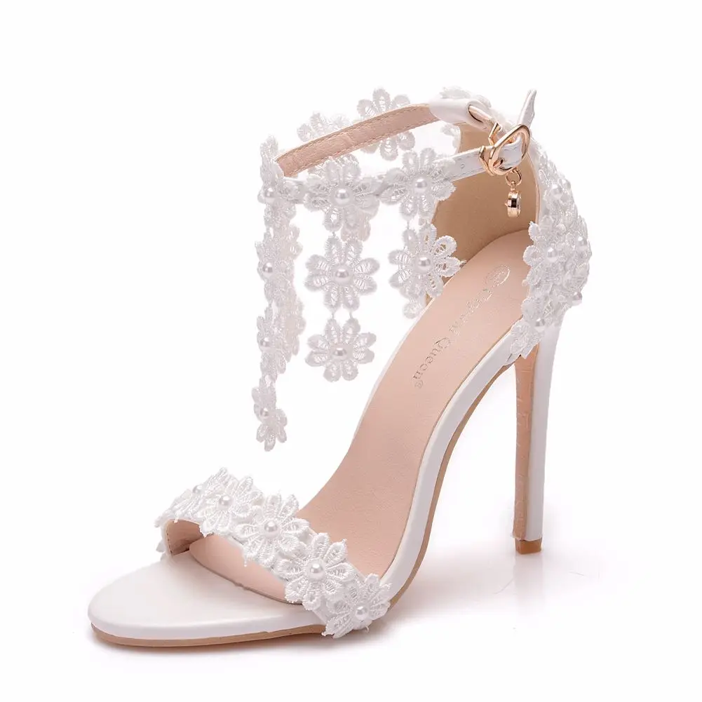 
Women Ankle Strap Sandals White Lace Flowers Pearl Tassel Super Heel Fine High Heels Slender Bridal Wedding Shoes 