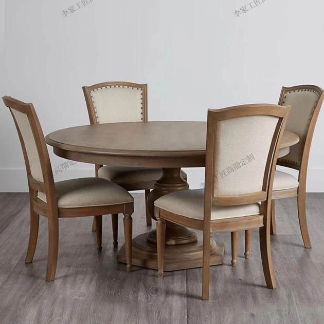 American solid wood dining table and dining chair combination French oak retro round table home antique six table custom