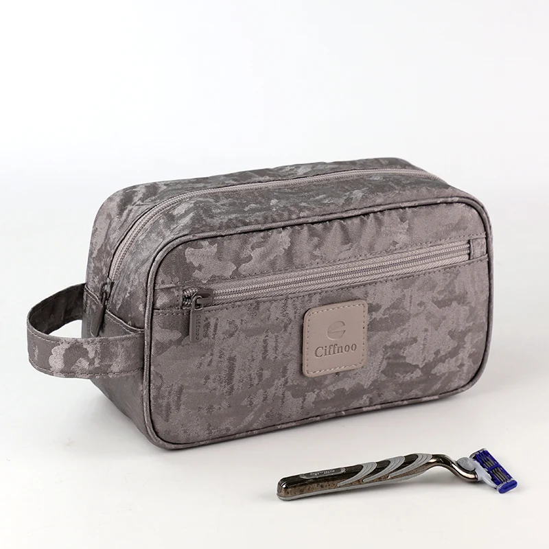 Logo Pattern Men Handle Organizer Waterproof Fabric Travel Zipper Pouch Wash Grey custom toilet bag