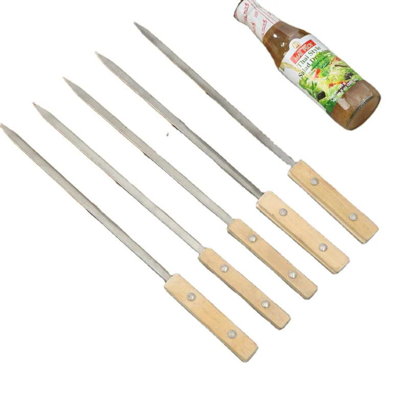 Newest Design Top Quality Reusable Outdoor Stainless Steel Bamboo Wooden Handle Flat Stick Barbecue