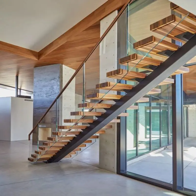 CBMmart Modern Tangga Glass Railing Metal Stringer Beam Wooden Step L Shape Straight Staircase Stairs