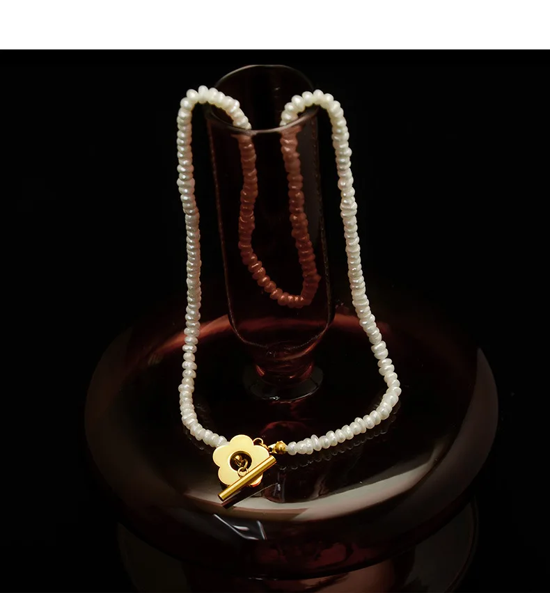 Retro Temperament Baroque Freshwater Pearl Seed Bead Necklace Flower OT Clasp Clavicle Chain Necklace