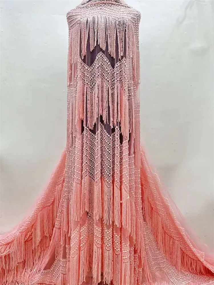 New 2024 Luxury Beading Tassel Fringe Lace Embroidered Beaded Tulle Fabric