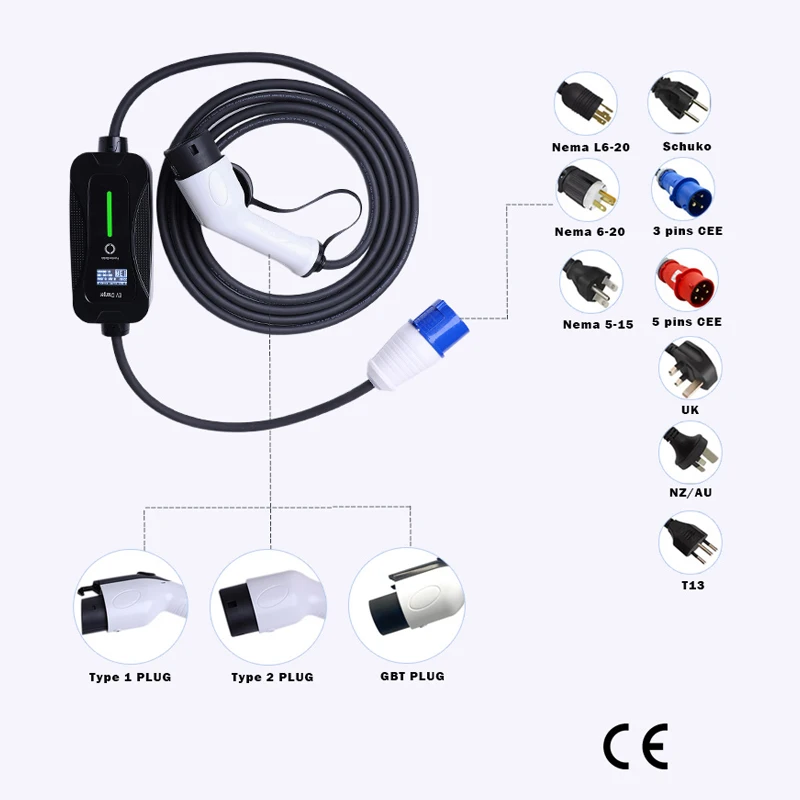 Level 2 Electric Car Portable Charger 250 Volt 16 Amp For Electric Car With Type 2 GBT Type 1