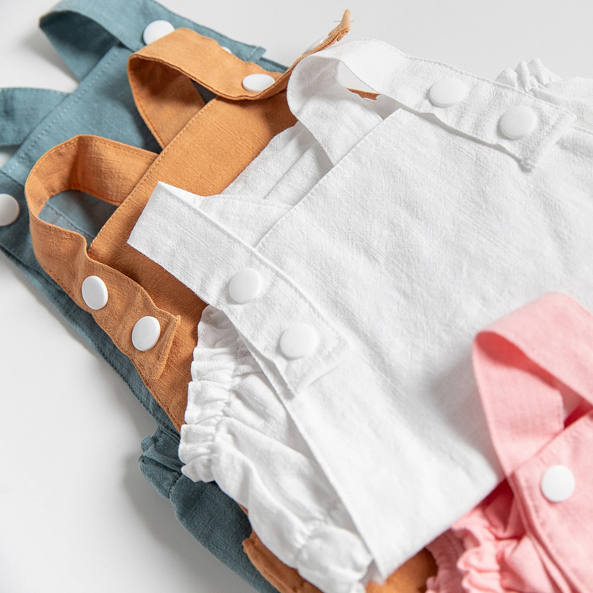 Summer infant girls solid linen romper sleeveless Suspender ruffle braces romper cross back baby girl onesie clothes RTS
