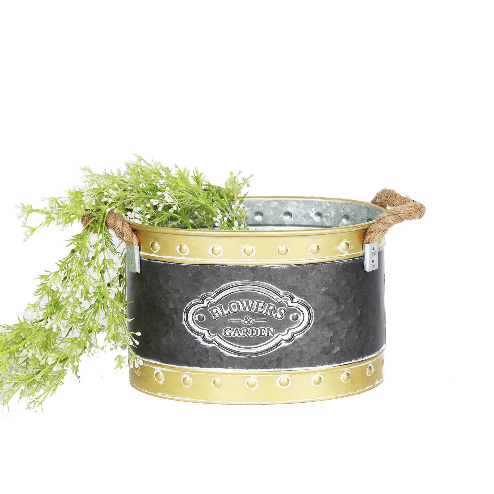 Artmade Vintage Galvanized French Zinc Bucket Flower Pots with Burlap Handles,Metal Planters for Garden Flower Decorative