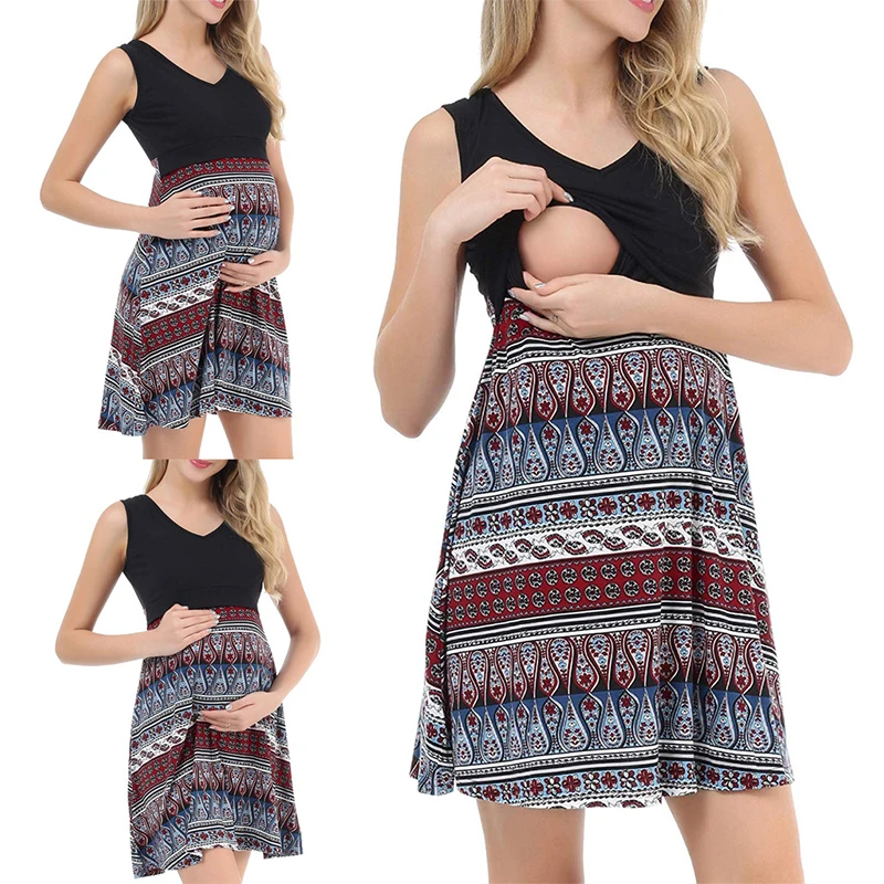 Maternity Short Sleeves Nursing Dress Maternity Breastfeeding Dress Back Printed Skirt pregnancy dresses