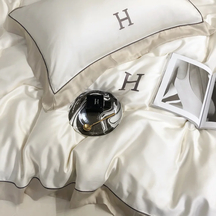 Embroidery tencel bed linen customized solid colors bedding set