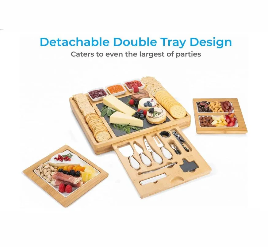 Cheese Serving Board with Round Tray Wooden Cheese Platter Set Bamboo Cheese Charcuterie Board