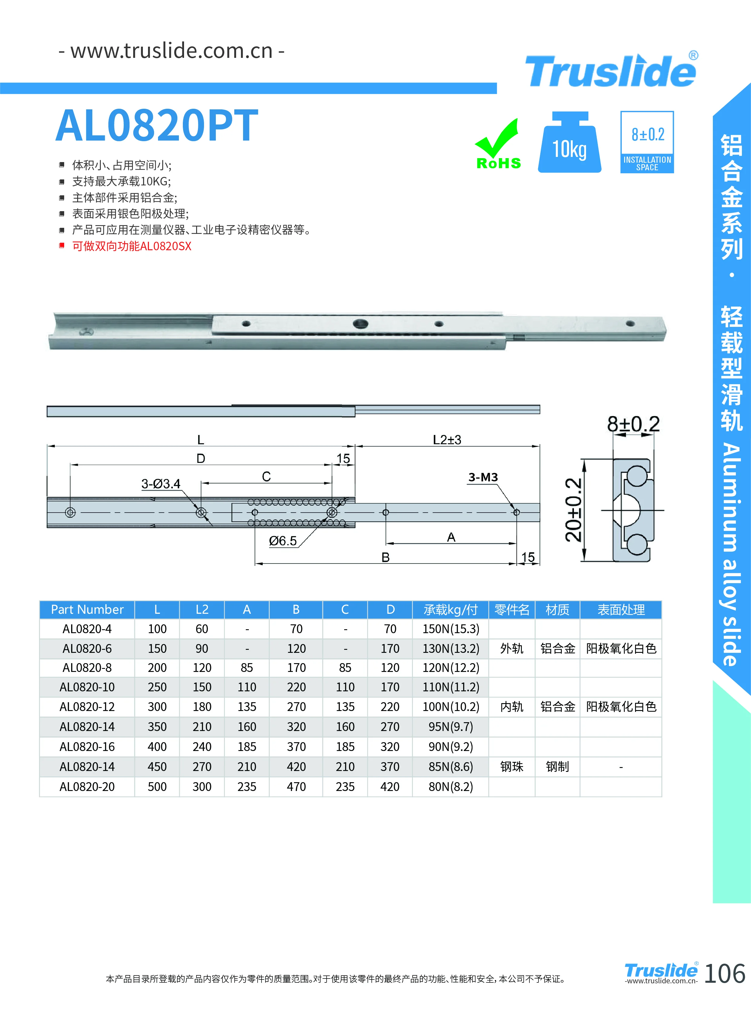 AL0820PT 20mm Wide Aluminum Alloy Material Two Section Light Load Sliding Rail