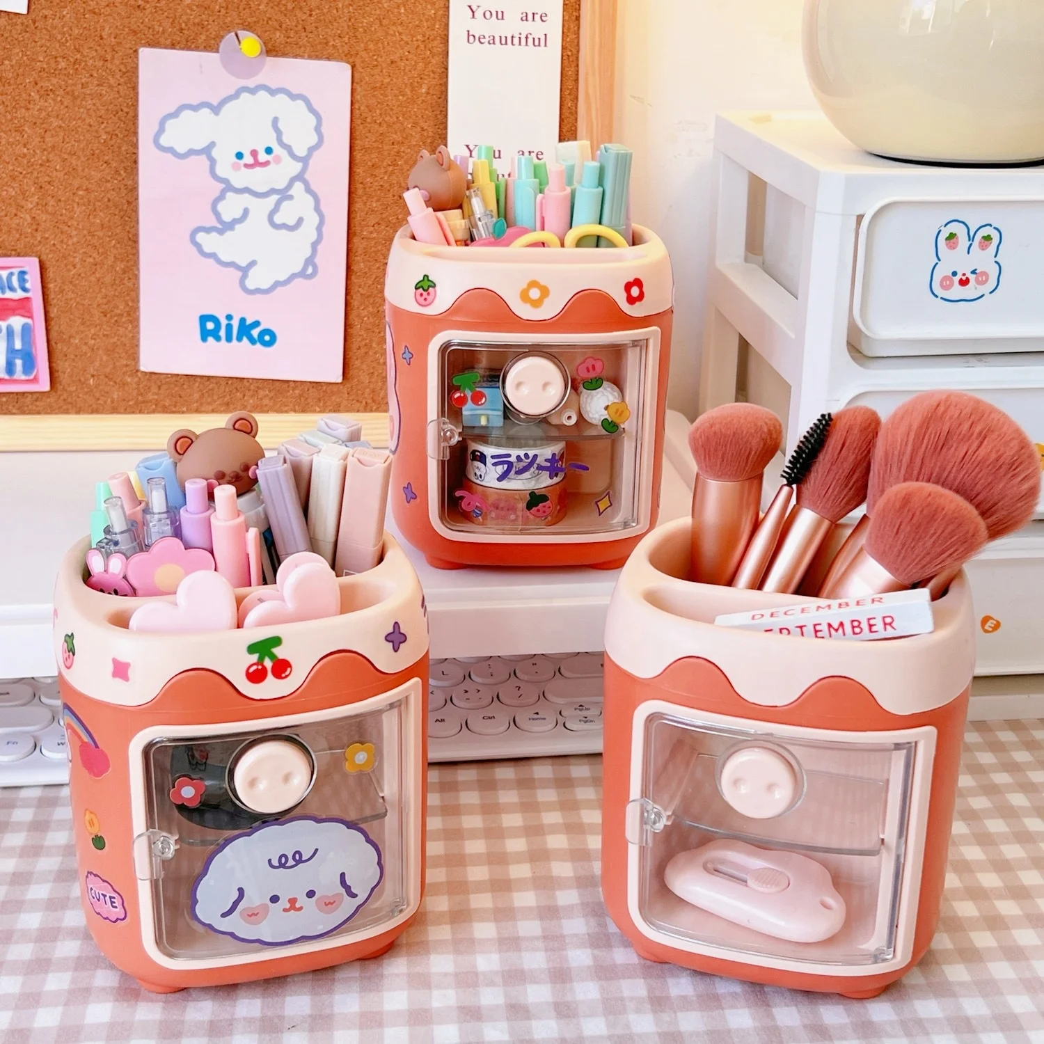 Large capacity multifunctional kawaii pig pen holder desktop organizer with washi tape for school office supplies