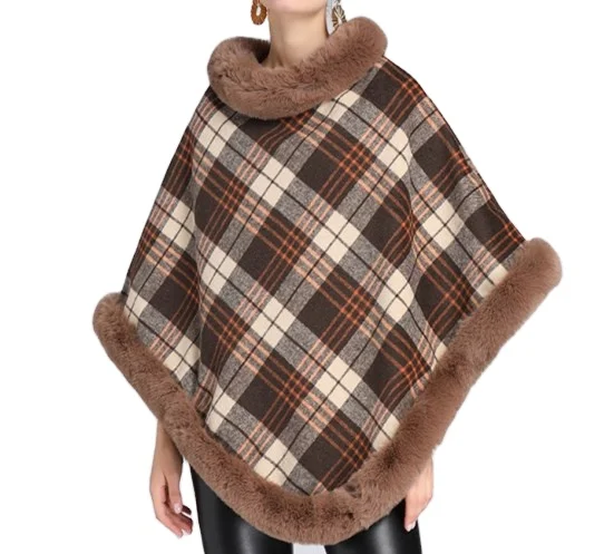 2022 winter fashion tartan plaid women faux fur poncho