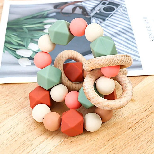 Newborn round unisex wooden teething ring senory chewable rattles toy beech cute soft infant silicone baby teether for gift