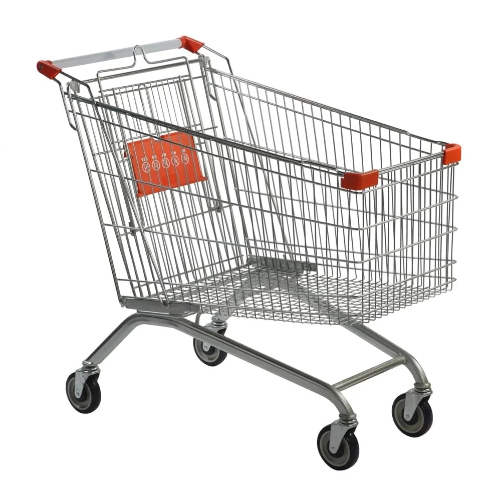 European Style 240L Zinc Supermarket Shopping Cart Trolley With Coin Lock Manufacturers Rubber Wheel Black