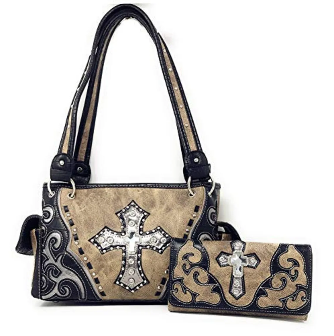 Premium Rhinestone Cross Cut Out Western Embroidered Womens Concealed Carry Handbag With Matching Wallet in 5 Colors Low Price