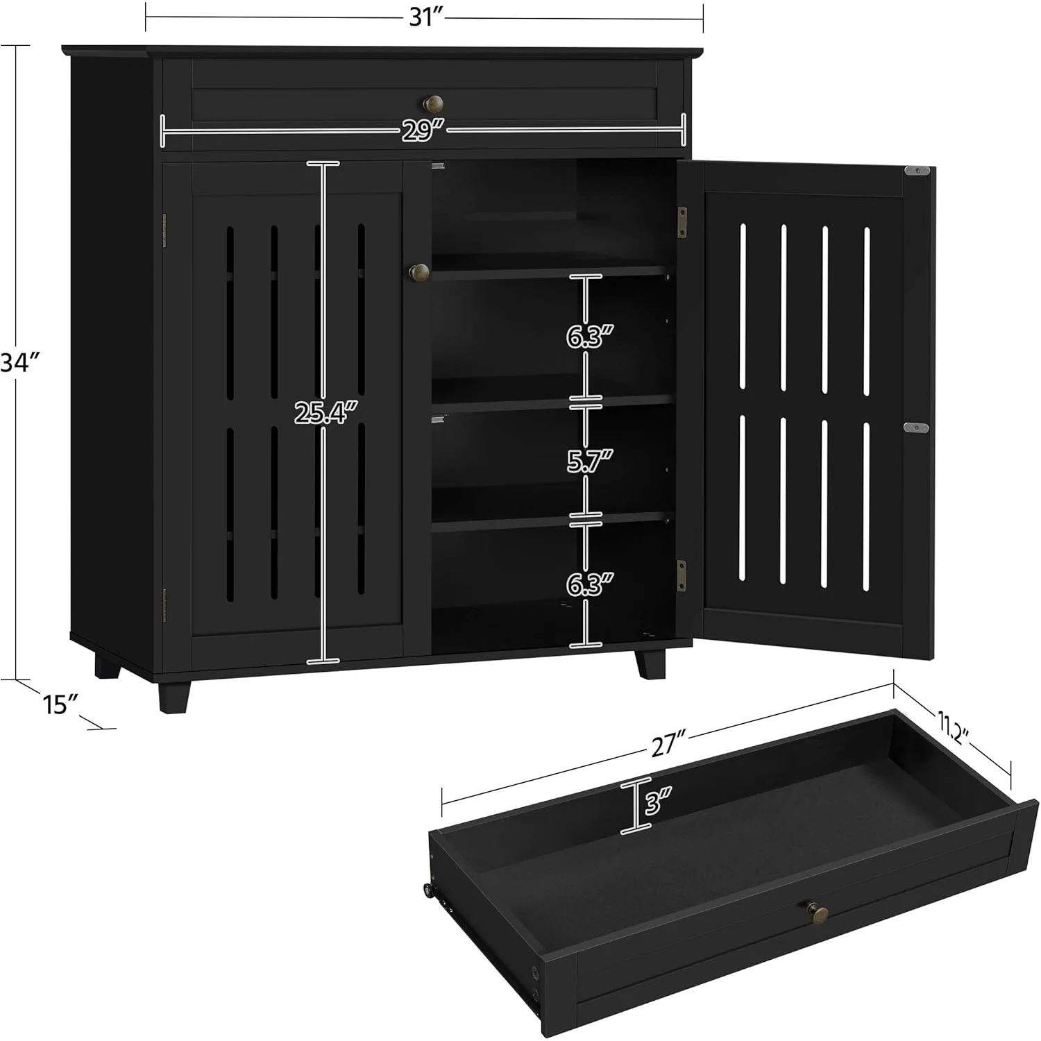 4-Tier Adjustable Shelves Wooden Shoe Cabinet Louvered Doors Black Entryway Hallway Bedroom Closet Living Room Storage Organizer