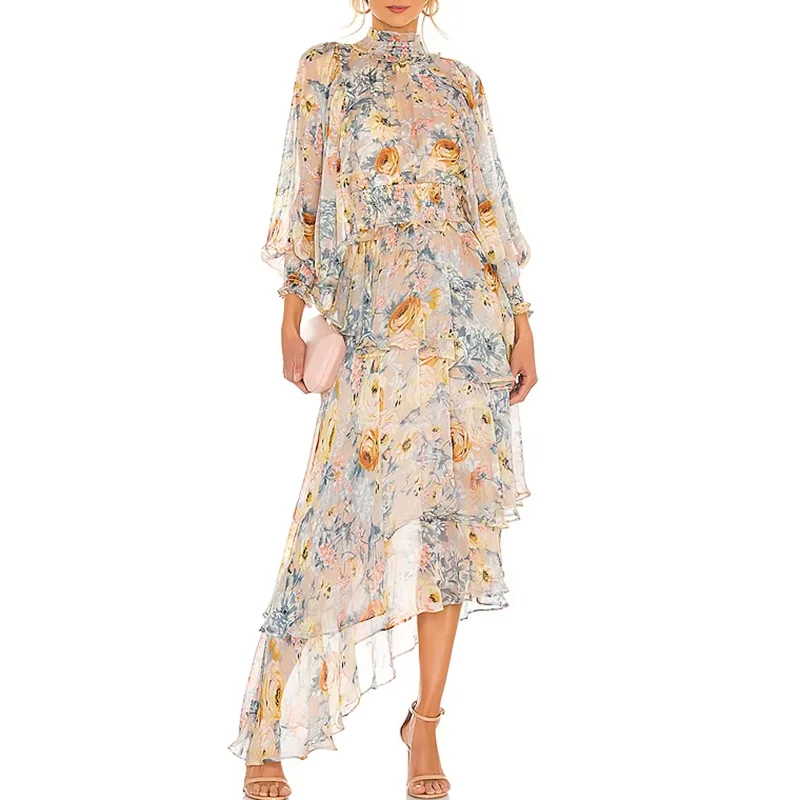 Женское Шифоновое Платье макси с рюшами и длинным рукавом