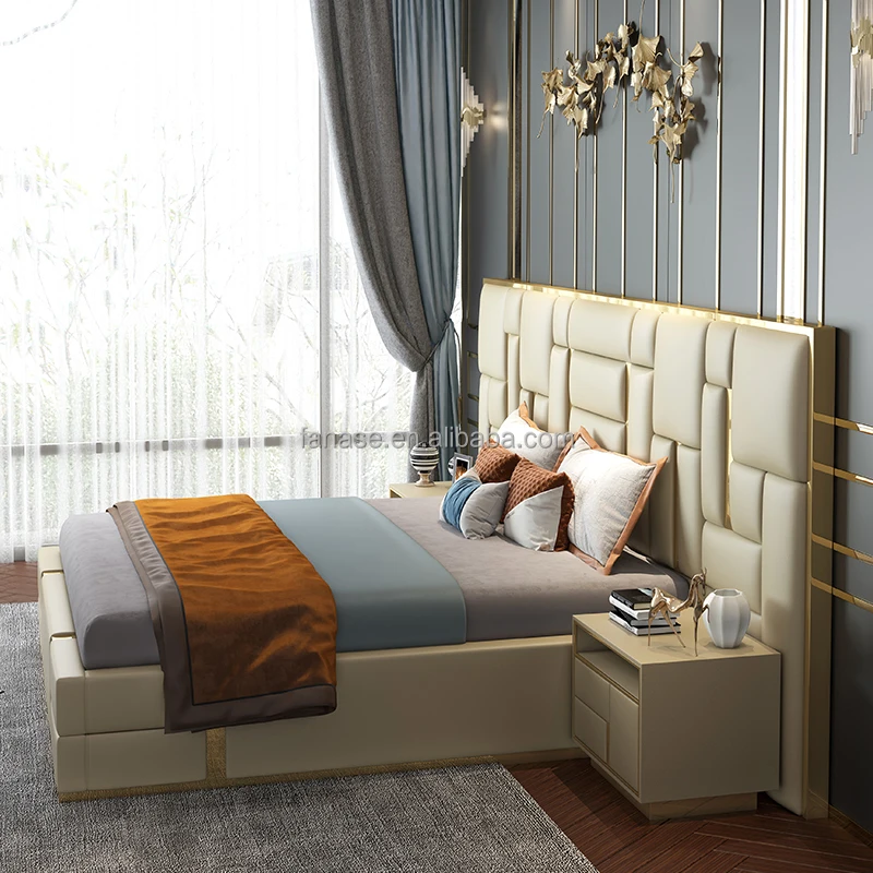Modern Luxury King Size Bedroom Furniture Frame Royal Large Headboard Wood with Leather GENUINE Leather Bed Room Soft Bed 1 Set