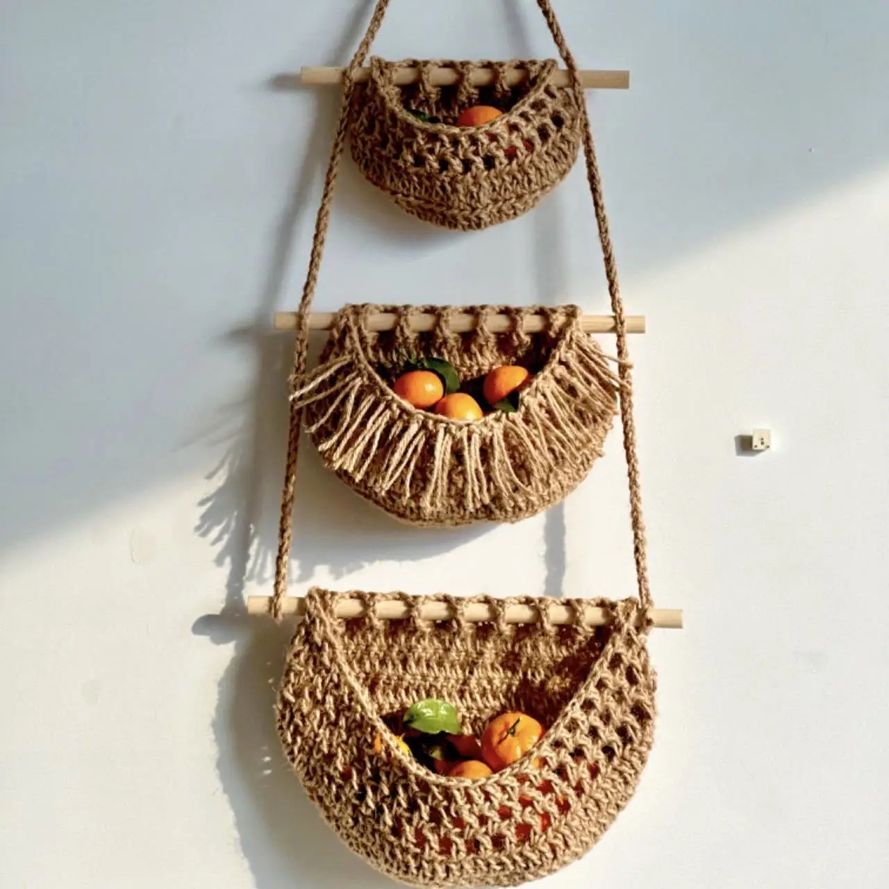 Bohemian Fruit Hanging Pocket Hand-Woven Cotton String Hemp Rope Kitchen Vegetable Wall-Mounted Storage Basket