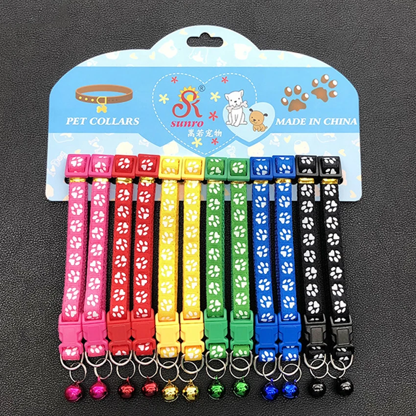 Adjustable Durable Nylon Dog Collars with Bell Quick Release Buckles Pet Breakaway Design Paw Pattern for Dogs
