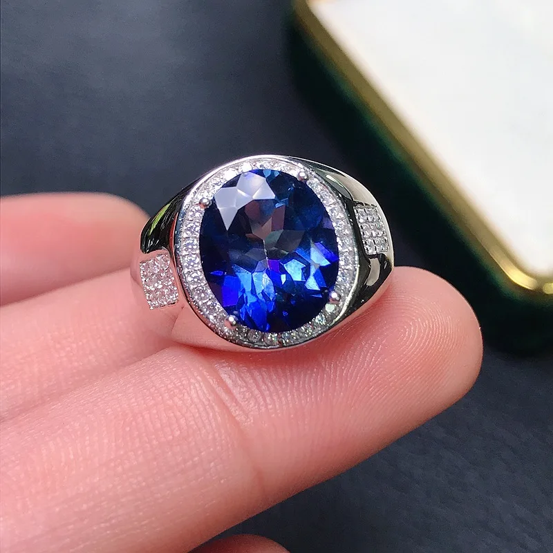 925 Silver Inlaid Natural Tanzanite Topaz Open Ring for Men