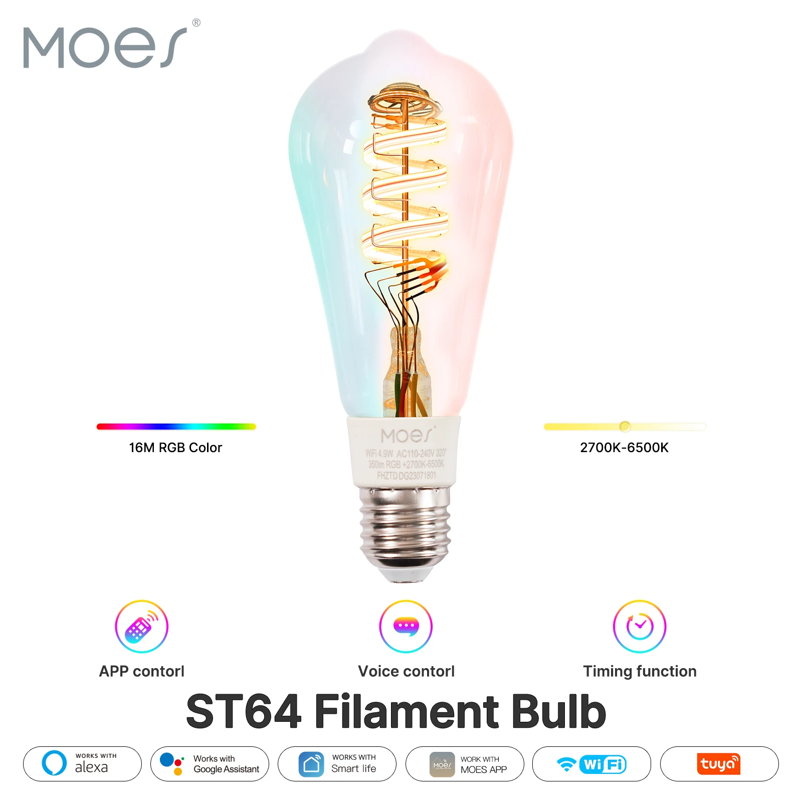 MOES Tuya WiFi Smart ST64 Edison светодиодные лампочки 16 миллионов RGB Меняющие цвет 2700K-6500K диммируемая работа с Alexa/Google Home
