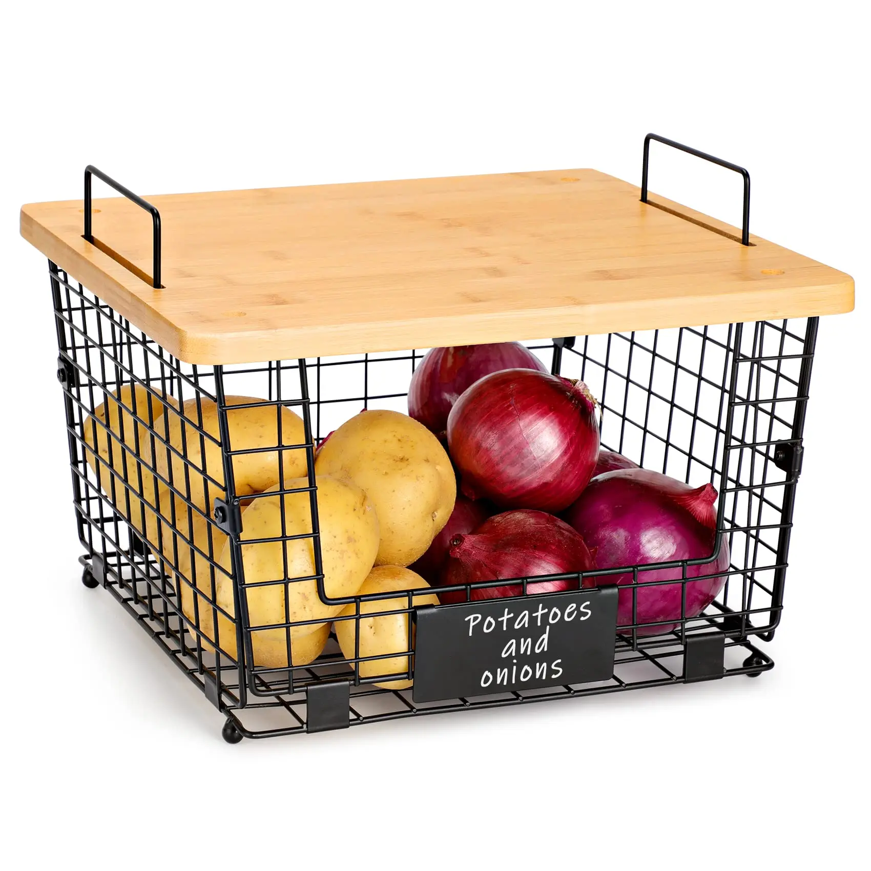 Stackable Kitchen Counter Basket with Bamboo Top Storage Wire Organizer Basket Cabinet Countertop Organizer for Fruit, Vegetable