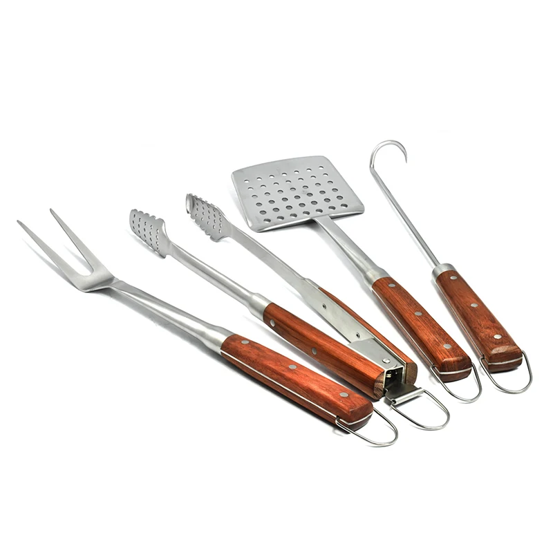 Heavy Duty 4PCS BBQ Grill Set Barbecue Stainless Steel BBQ Tools Sets Rose Wooden Handle BBQ Accessories