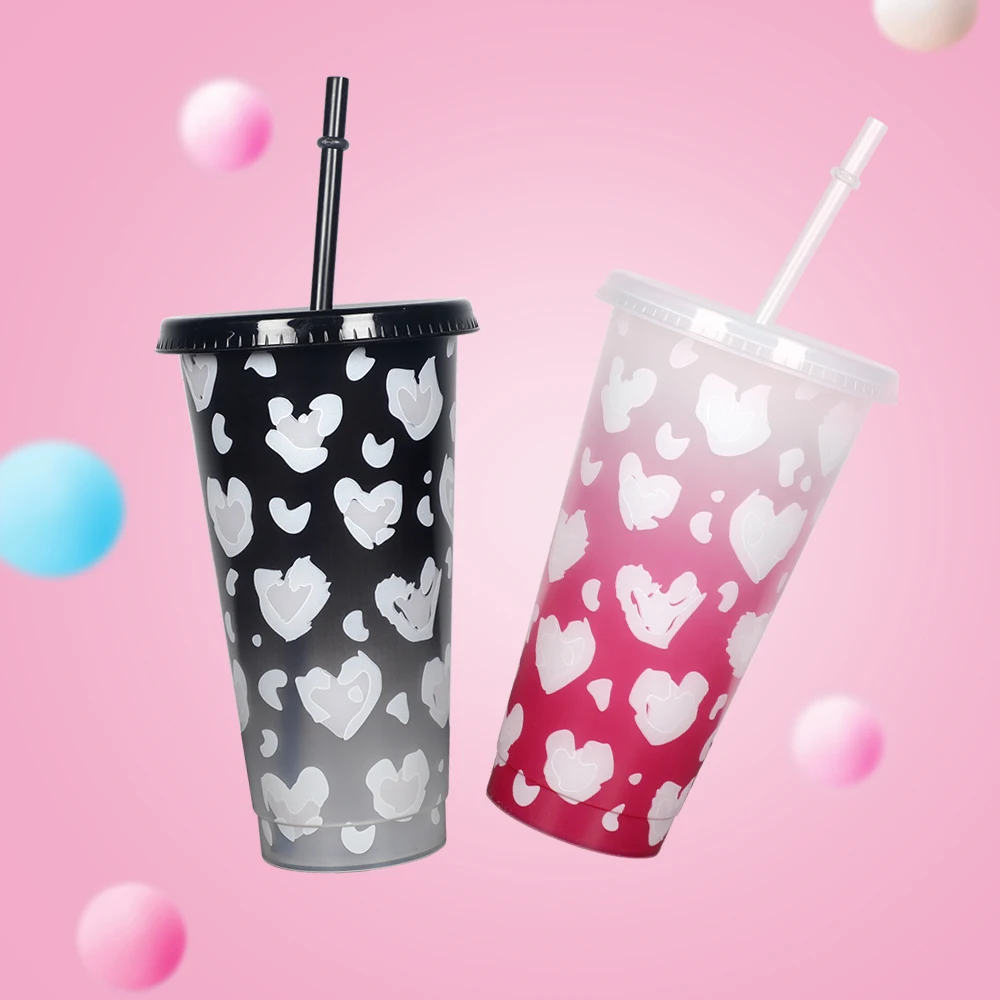 Valentines day gift 2024 reusable coffee pp cold plastic tumbler colour changing cup with straw