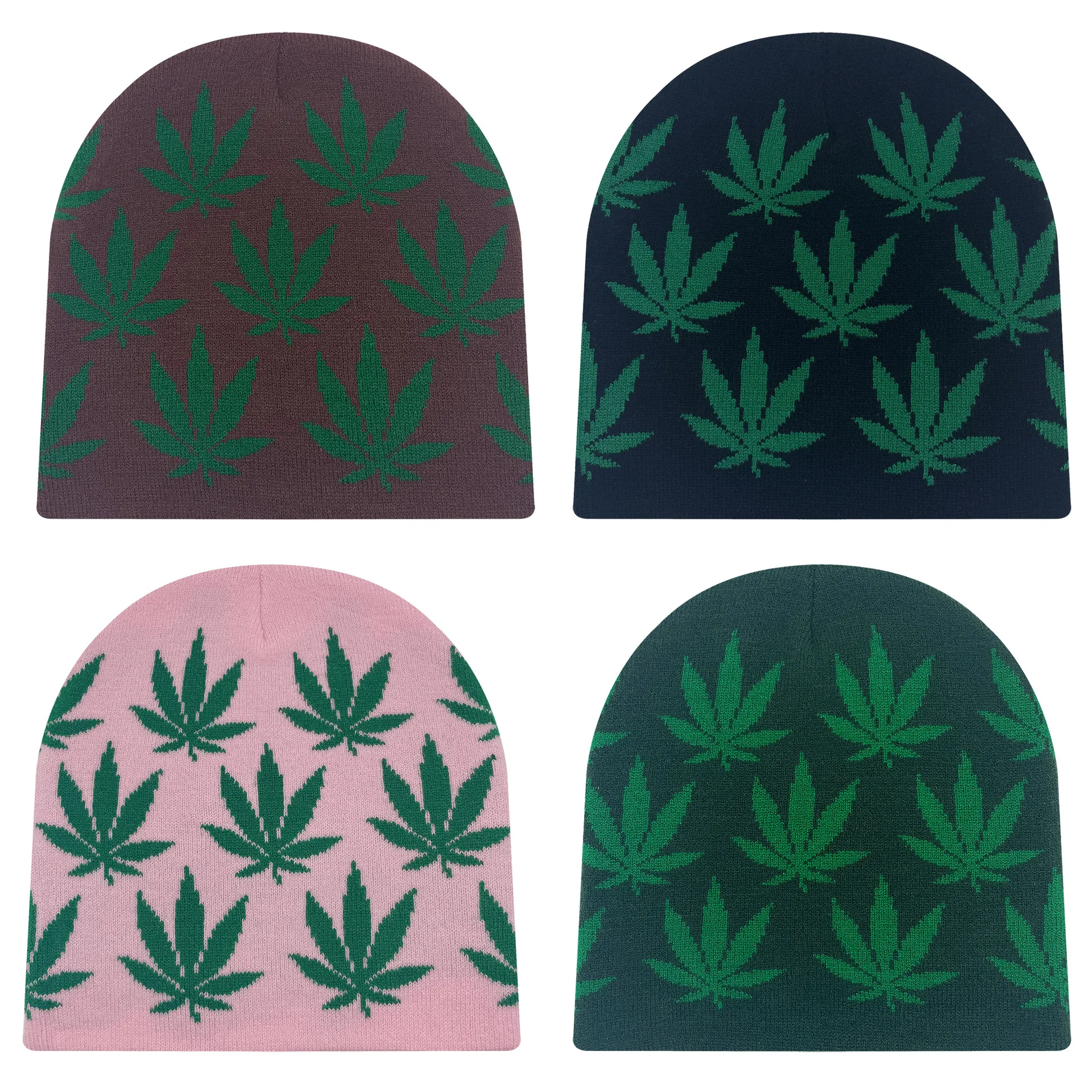 2024 New Men Women Hip Hop Autumn Winter Colorful Green Marijuana  Leaf Jacquard Brimless Knitted Warm Beanie Hat for Unisex