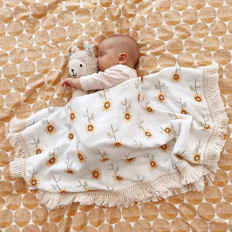Muslin Cotton Baby Blanket Fringe 2 Layer Newborn Tassel Blankets Swaddle Warp Bed Baby Photography Props Newborn Bath Towel